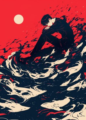 Anime Boy in Red and Black: A Melancholy Masterpiece - Premium Wooden Framed Poster. Ready to Hang.
