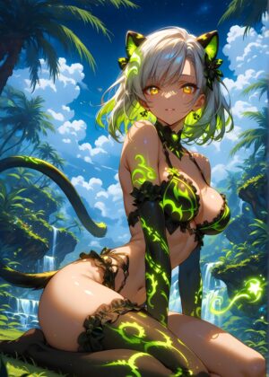Cat Girl in Tropical Paradise: Anime Art Print - Premium Wooden Framed Poster. Ready to Hang.