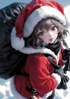 Anime Santa Girl Waifu Art Print - Premium Wooden Framed Poster. Ready to Hang.