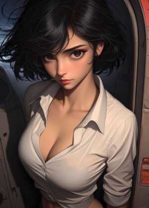 Anime Girl in White Shirt: Digital Art Print - Premium Wooden Framed Poster. Ready to Hang.