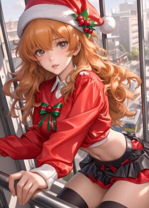 Anime Girl in Santa Hat: Waifu Christmas Art - Premium Wooden Framed Poster. Ready to Hang.