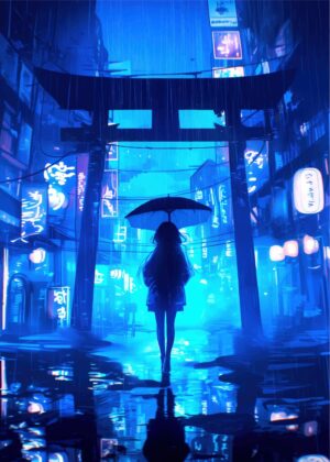 Rainy Night in Japan: Anime Art Print - Premium Wooden Framed Poster. Ready to Hang.