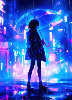 Anime Girl in Neon Rain: A Cyberpunk Dreamscape - Premium Wooden Framed Poster. Ready to Hang.