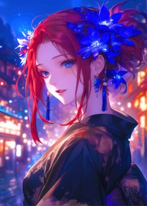 Anime Girl in Kimono: Night in the City - Premium Wooden Framed Poster. Ready to Hang.