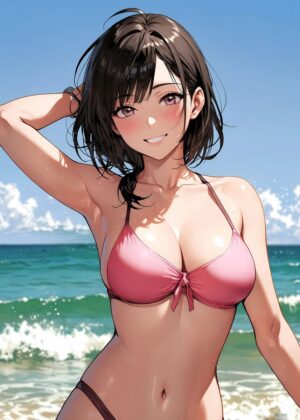 Anime Girl Summer Beach Scene - Premium Wooden Framed Poster. Ready to Hang.