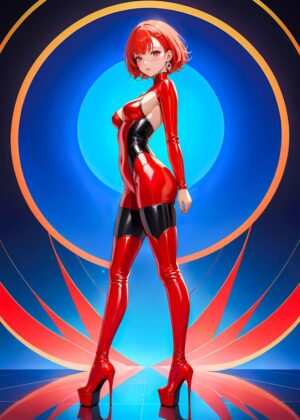 Anime Girl in Red Latex: Striking Digital Artwork - Premium Wooden Framed Poster. Ready to Hang.
