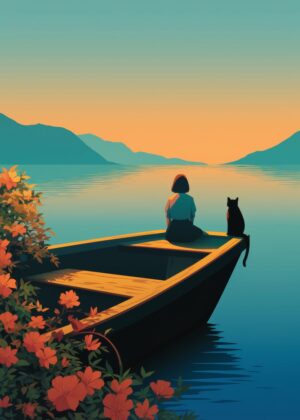 Serene Sunset: Woman and Cat in a Rowboat - Premium Wooden Framed Poster. Ready to Hang.