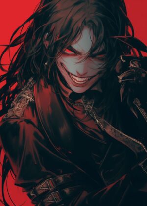 Crimson-Eyed Anime Character Art Print - Premium Wooden Framed Poster. Ready to Hang.
