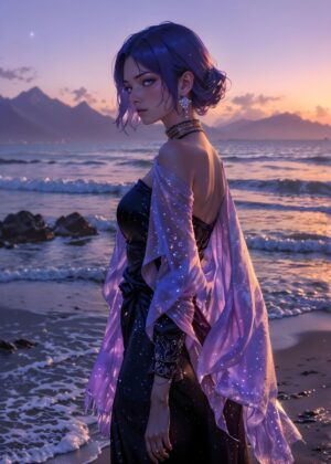 Purple-Haired Girl at Sunset Beach - Premium Wooden Framed Poster. Ready to Hang.