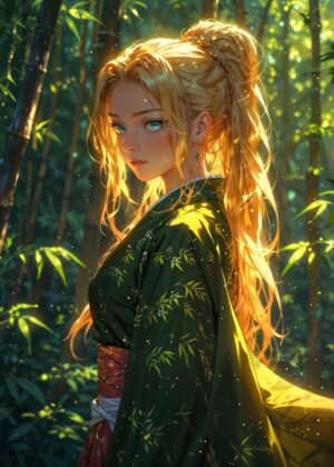 Bamboo Forest Princess: A Digital Painting - Premium Wooden Framed Poster. Ready to Hang.
