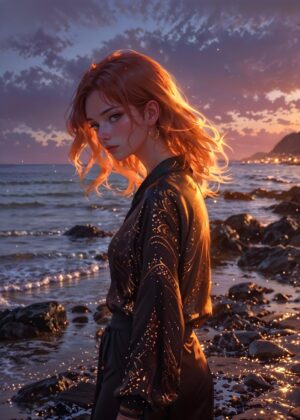 Sunset Beach Girl: A Breathtaking Digital Art Print - Premium Wooden Framed Poster. Ready to Hang.