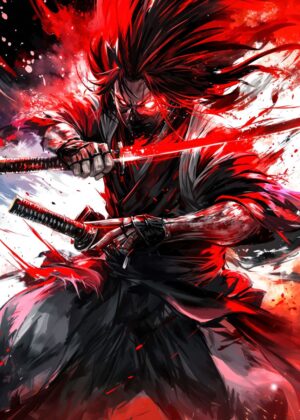 Samurai Warrior Rage: A Digital Art Print - Premium Wooden Framed Poster. Ready to Hang.
