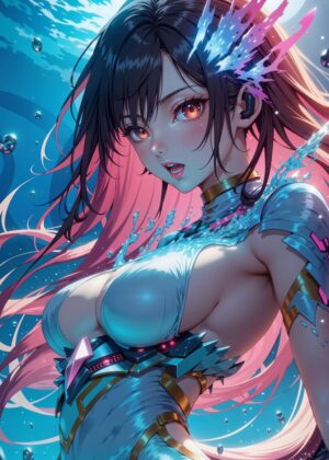 Anime Girl with Pink Hair: Underwater Beauty - Premium Wooden Framed Poster. Ready to Hang.