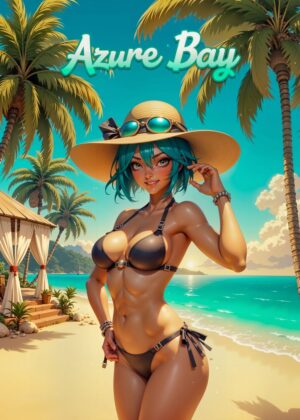 Azure Bay Beach Beauty: A Vibrant Summer Illustration - Premium Wooden Framed Poster. Ready to Hang.
