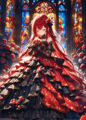 Anime Bride in Red and Black Gown - Premium Wooden Framed Poster. Ready to Hang.