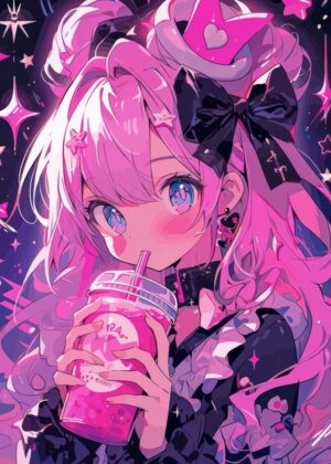 Adorable Anime Girl with Pink Drink - Premium Wooden Framed Poster. Ready to Hang.