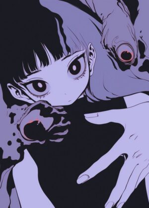 Anime Girl and Monster Hand Art Print - Premium Wooden Framed Poster. Ready to Hang.
