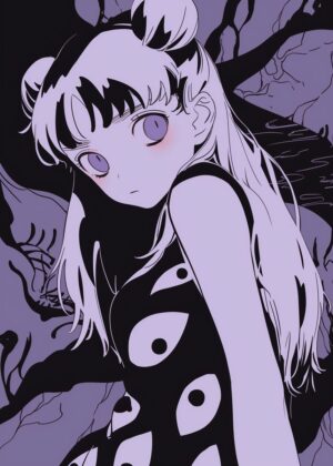 Anime Girl with Eyes Pattern: Mystical Purple Artwork - Premium Wooden Framed Poster. Ready to Hang.