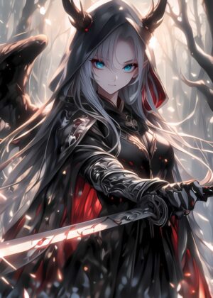 Anime Demon Girl with Sword: Dark Fantasy Art Print - Premium Wooden Framed Poster. Ready to Hang.
