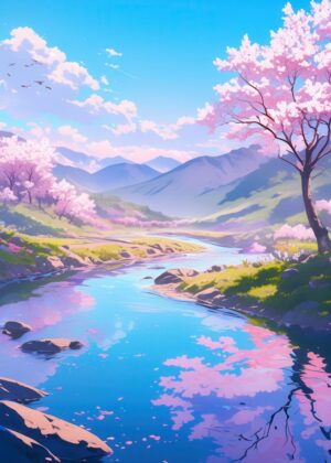 Anime Cherry Blossom River: A Serene Manga-Inspired Landscape - Premium Wooden Framed Poster. Ready to Hang.