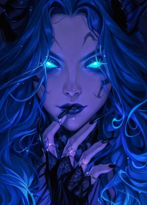 Dark Witch with Glowing Eyes: Mystical Fantasy Art Print - Premium Wooden Framed Poster. Ready to Hang.