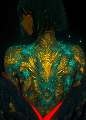 Glowing Dragon Tattoo Anime Girl Art Print - Premium Wooden Framed Poster. Ready to Hang.