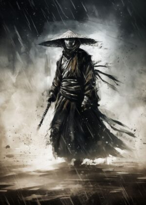 Samurai in the Rain: A Masterpiece of Digital Art - Premium Wooden Framed Poster. Ready to Hang.