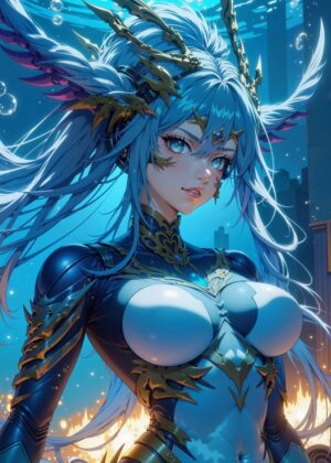 Anime Female Warrior: Blue-Haired Goddess of the Sea - Premium Wooden Framed Poster. Ready to Hang.