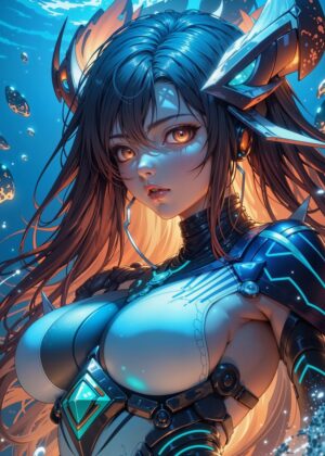 Cyberpunk Anime Girl: Digital Art Print - Premium Wooden Framed Poster. Ready to Hang.