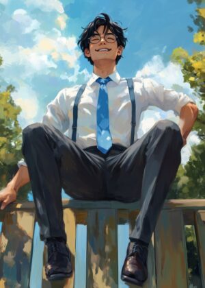 Smiling Man in Stylish Suit Under Sunny Sky - Premium Wooden Framed Poster. Ready to Hang.