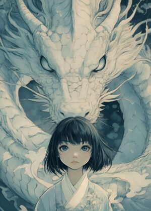 Mystical Dragon and Maiden: A Whimsical Fantasy Art Print - Premium Wooden Framed Poster. Ready to Hang.