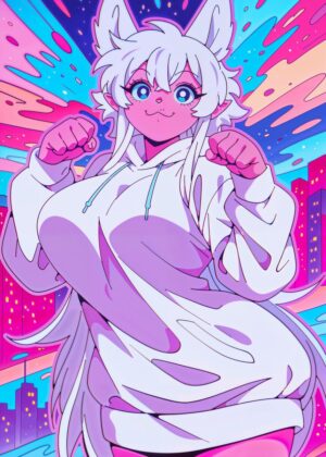 Retro Anime Girl in White Hoodie: Vibrant 80s-Inspired Art Print - Premium Wooden Framed Poster. Ready to Hang.