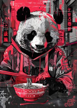 Streetwear Panda Ramen: Japanese Urban Art - Premium Wooden Framed Poster. Ready to Hang.