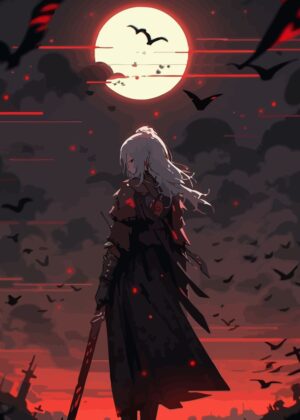 Anime Girl with Sword Under Red Moon - Premium Wooden Framed Poster. Ready to Hang.
