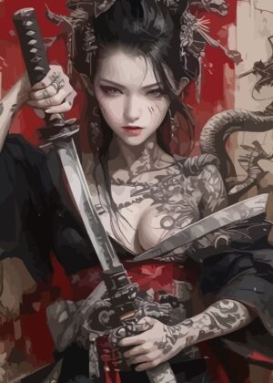 Cyberpunk Samurai Woman: A Fusion of Tradition and Technology - Premium Wooden Framed Poster. Ready to Hang.