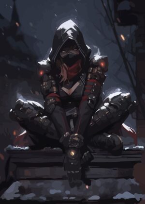 Cyberpunk Female Warrior: A Digital Painting - Premium Wooden Framed Poster. Ready to Hang.