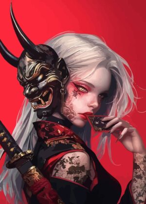 Demon Mask Warrior: Fierce Beauty and Intricate Detail - Premium Wooden Framed Poster. Ready to Hang.