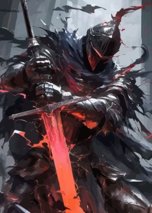 Dark Knight Flaming Sword Artwork - Premium Wooden Framed Poster. Ready to Hang.