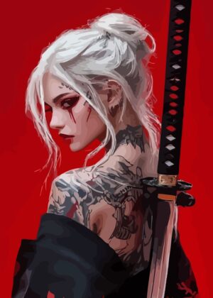 White-Haired Samurai Woman: A Digital Art Print - Premium Wooden Framed Poster. Ready to Hang.