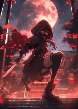 Crimson Blade: Anime Girl Warrior Art Print - Premium Wooden Framed Poster. Ready to Hang.