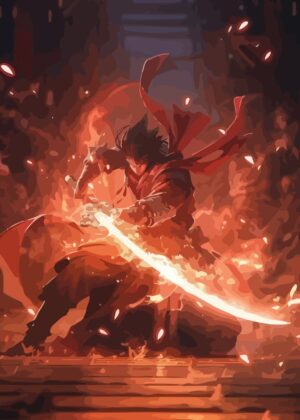 Fiery Samurai: A Digital Painting - Premium Wooden Framed Poster. Ready to Hang.