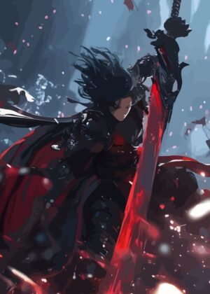 Anime Warrior: Crimson Blade - Premium Wooden Framed Poster. Ready to Hang.