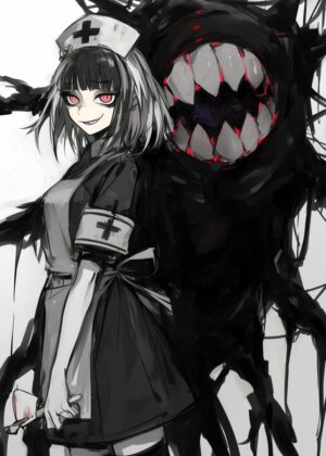 Dark Nurse and Monstrous Companion: Gothic Anime Art Print - Premium Wooden Framed Poster. Ready to Hang.