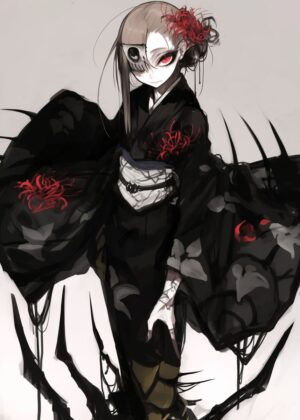 Dark Anime Girl in Kimono: Gothic Elegance - Premium Wooden Framed Poster. Ready to Hang.