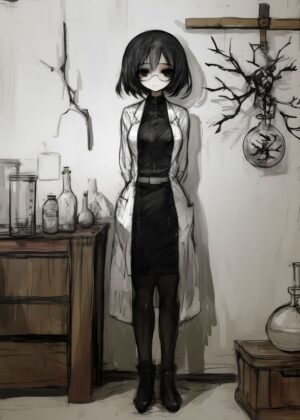 Anime Girl in Lab Coat: Mysterious Scientist Artwork - Premium Wooden Framed Poster. Ready to Hang.