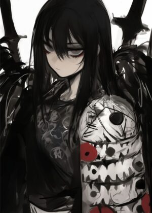 Dark Anime Girl with Swords: Mysterious and Edgy Artwork - Premium Wooden Framed Poster. Ready to Hang.