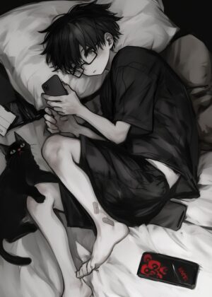 Melancholy Anime Boy: Phone & Bed - Premium Wooden Framed Poster. Ready to Hang.