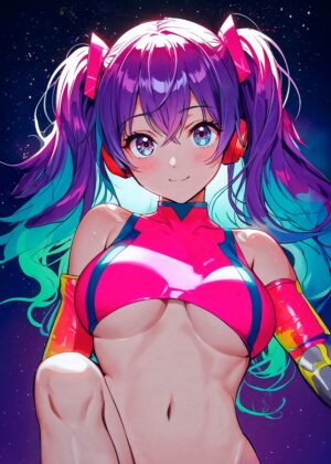 Vibrant Anime Girl with Purple Hair - Premium Wooden Framed Poster. Ready to Hang.