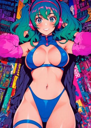 Vibrant Anime Girl in Summer Bikini - Premium Wooden Framed Poster. Ready to Hang.