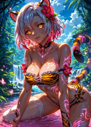 Tiger Anime Girl in Tropical Paradise - Premium Wooden Framed Poster. Ready to Hang.